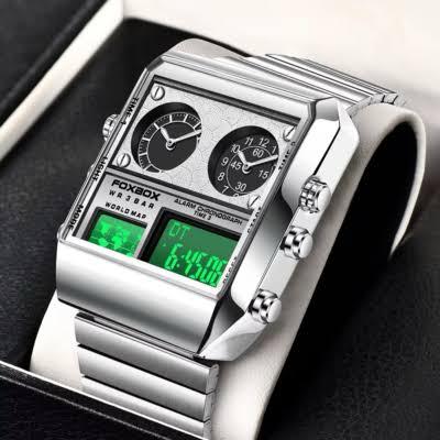 LIGE FOXBOX Men Watch Rectangle Dual Time Wristwatch Male Digital LED Watches